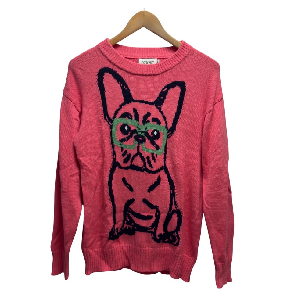 OXKNIT Womens Medium Pink French Bulldog Graphic Long Sleeve Cotton Knit Sweater